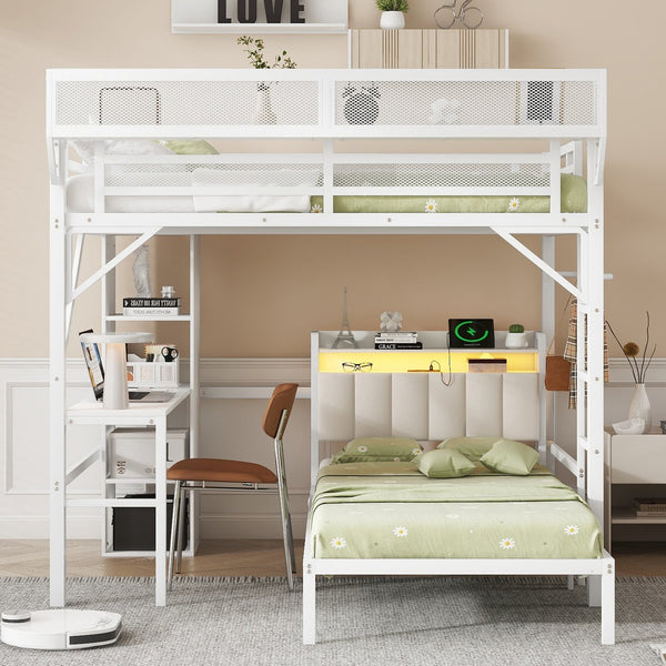 English Elm Ful Full-over-Twin Metal Bunk Bed with Desk, Bookshelves, LED Lighting & USB Charging Station, White W2580S00041
