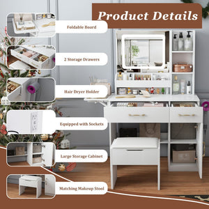 English Elm Vanity Desk with Led Mirror Touch Light Power Outlet Drawers and Storage Stool W2700P342538