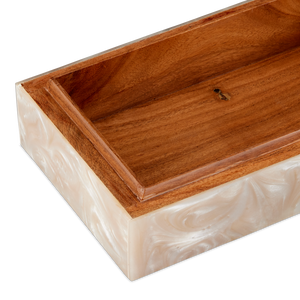 Perlas Swirl Box Set of 2 - Elegant Ivory Composite Storage with Natural Wood Interior, 3" Height