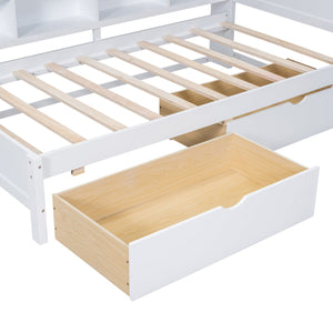 English Elm Wooden Twin Daybed with 2 Drawers, Built-In USB Charging & Double Shelf Storage, Pine Frame Durable White 42.91 L x 16.73 W x 6.69 H N733S170510K