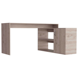 English Elm Antlia Beige L-Shaped Writing Desk with Cabinet & Two Shelves, Space-Saving Particleboard Design B128S00161