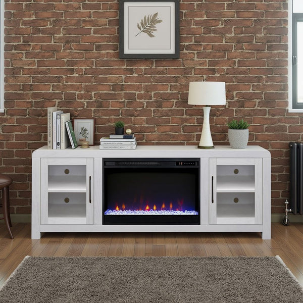 English Elm Haven 65 inch Entertainment Center with Electric Fireplace, Oak Veneer TV Stand, Glass Doors, Cable Management White B108P364420