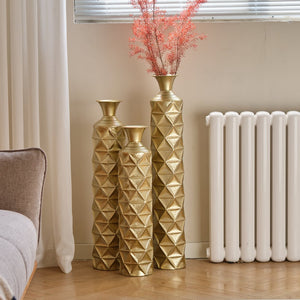 English Elm Metal Antique Gold Decorative Vase Set Of 3 - Modern Geometric Design With 3D Triangle Pattern W2796P193603