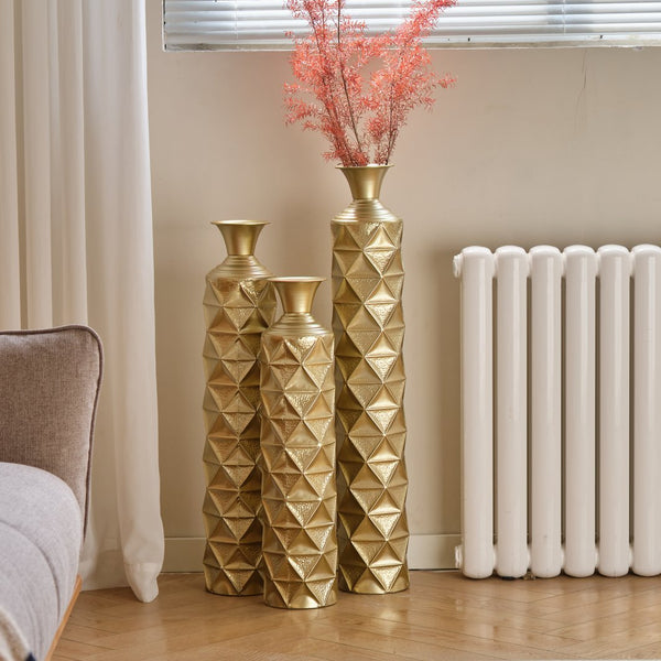 English Elm Metal Antique Gold Decorative Vase Set Of 3 - Modern Geometric Design With 3D Triangle Pattern W2796P193603
