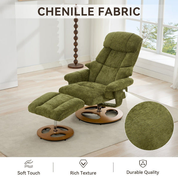English Elm 069-ergonomic Swivel Recliner with Ottoman Chenille Wingback Massage Lounge Chair Green W527P439689