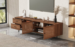 English Elm 78 Inch Walnut Media Console with Slatted Doors Solid Wood Legs and Cable Management N710P374705P