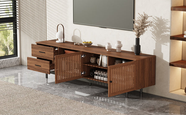 English Elm 78 Inch Walnut Media Console with Slatted Doors Solid Wood Legs and Cable Management N710P374705P