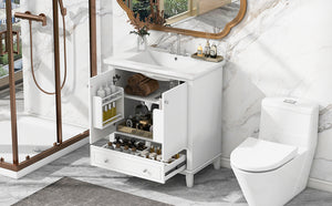 English Elm 30" Bathroom Vanity with Sink — Modern Freestanding 30" Cabinet with Ceramic Top, Drawer, Doors, Shelf White N725P221263K