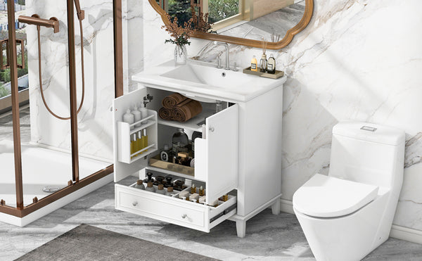 English Elm 30" Bathroom Vanity with Sink — Modern Freestanding 30" Cabinet with Ceramic Top, Drawer, Doors, Shelf White N725P221263K