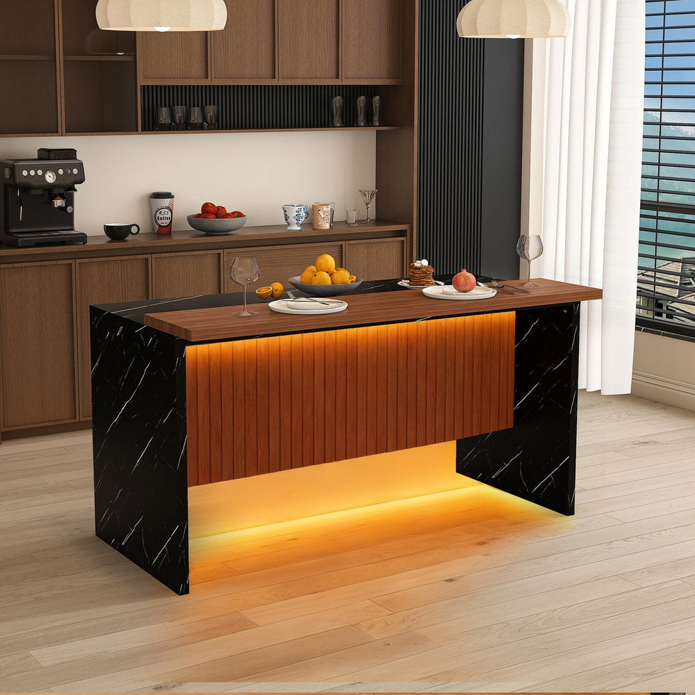English Elm 63" Modern Kitchen Island with Black Marble-Look Surface, LED Ambient Lighting & Grille Accent Walnut+black W2699P365915