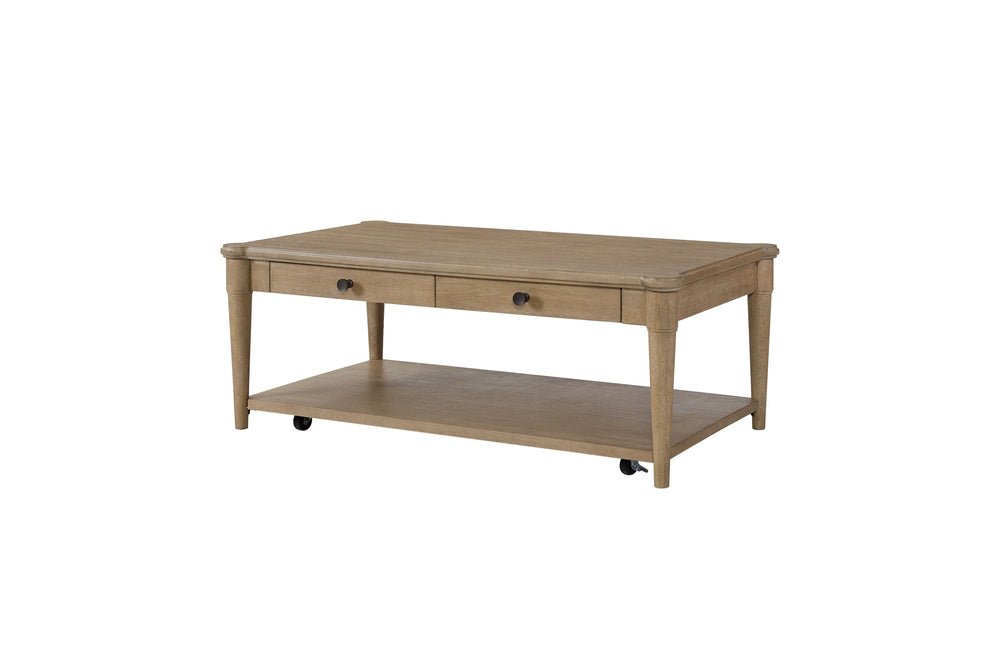 English Elm Sand Sand Colored Cocktail Table with 2 Drawers, Casters & Transitional Solid Wood Design for Living B2699P218287