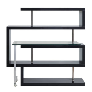 English Elm Buck Modern Buck Glass Writing Desk with Chrome High-Gloss Frame, 360° Swivel, Shelves & Wheels Black 51 L x 28 W x 4.5 H B2726S00026