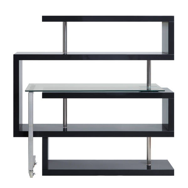 English Elm Buck Modern Buck Glass Writing Desk with Chrome High-Gloss Frame, 360° Swivel, Shelves & Wheels Black 51 L x 28 W x 4.5 H B2726S00026