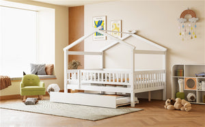 English Elm Full Size Pine House Bed with Roofline Frame and Roll Out Twin Trundle for Kids LP100306AAK