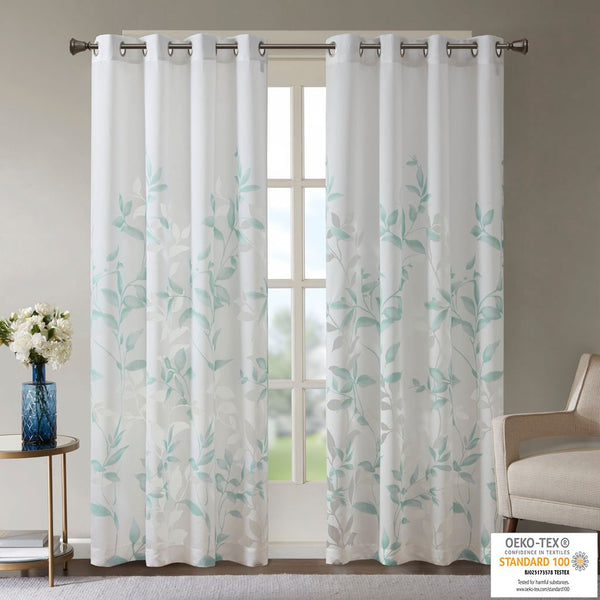 English Elm Burnout Botanical Curtain Panel Set - 2 Light Filtering Window Panels With Silver Grommets B035129676