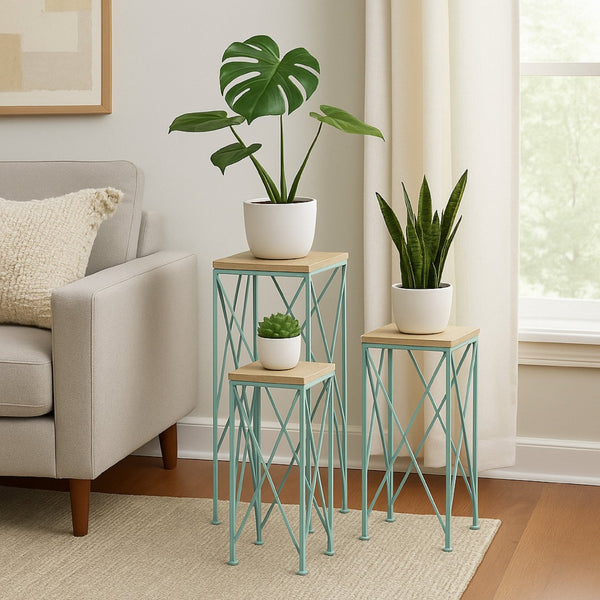 English Elm Mito Three Piece Nesting Plant Stand Set with X Cross Metal Base and Wood Tops Blue+Brown B056P416915