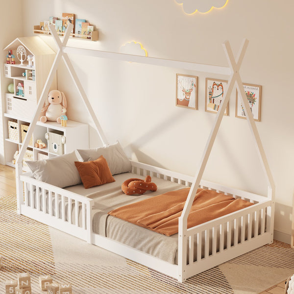 English Elm Twin House Bed with Roof and Fence for Kids – Sturdy Pine Frame, Vintage Wash Design, Safe Sleep Space White N709P183348K