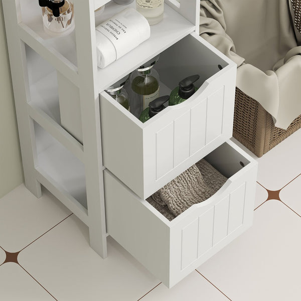 English Elm Bathroom Slim Floor Cabinet Tall White Beadboard Storage for Narrow Spaces T3971P430695