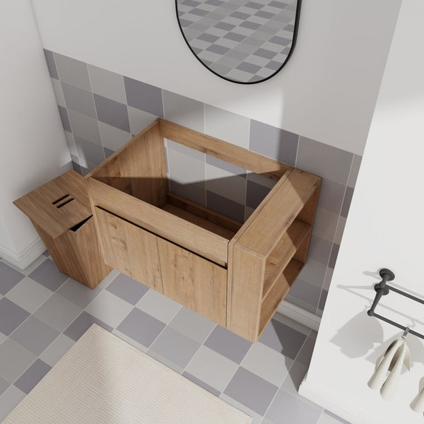 English Elm 30 Inch Wall Mounted Bathroom Vanity with Open Shelf Hardware Free Handle Design W99956039
