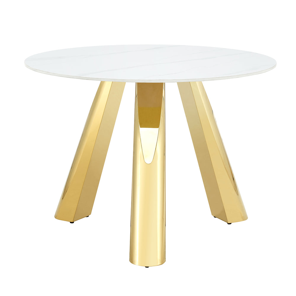 English Elm 42" Modern Luxury Round Sintered Stone Dining Set with Gold Metal Base & 4 Black PU Chairs, 42" Durable 5-Piece Contemporary Ensemble W1512S00122