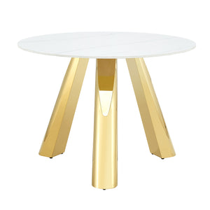 English Elm 42" Modern Luxury Round Sintered Stone Dining Set with Gold Metal Base & 4 Black PU Chairs, 42" Durable 5-Piece Contemporary Ensemble W1512S00122