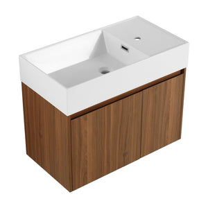 English Elm 30 Resin Sink Vanity with Soft-Close Doors, Floating Mount Design, Durable Scratch & Water-Resistant Finish Walnut W999P228750