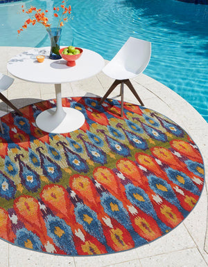 Unique Loom Outdoor Modern Ikat Machine Made Ikat Rug Multi, Burgundy/Gold/Green/Navy Blue/Orange/Red/Olive 8' 0" x 8' 0"