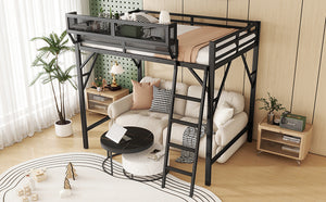 English Elm Queen Size Metal Loft Bed with Ladder and Built-In Storage Shelves, Sturdy High Bed for Teens 99" Black W2580P379983