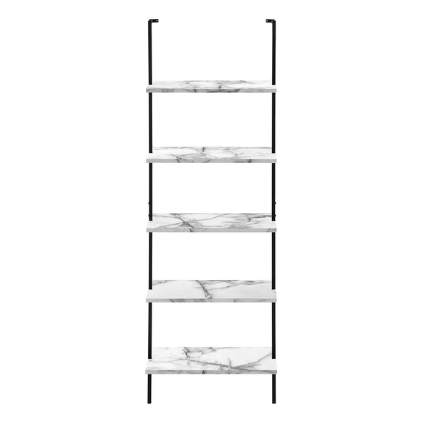 English Elm Bookshelf, 5-Tier Ladder Design With White Marble-Look Shelves & Black Metal Frame For Modern Spaces B2710P219407