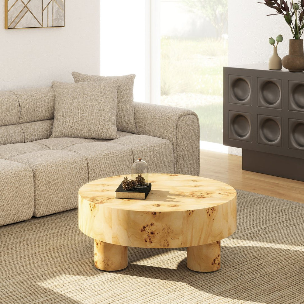 English Elm Jennifer Taylor Home - Nebula Round 35.5" Burl Wood Coffee Table with Pillar Legs — Warm Natural Brown, Stable Elegance B2719P405639