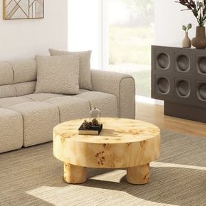 English Elm Jennifer Taylor Home - Nebula Round 35.5" Burl Wood Coffee Table with Pillar Legs — Warm Natural Brown, Stable Elegance B2719P405639