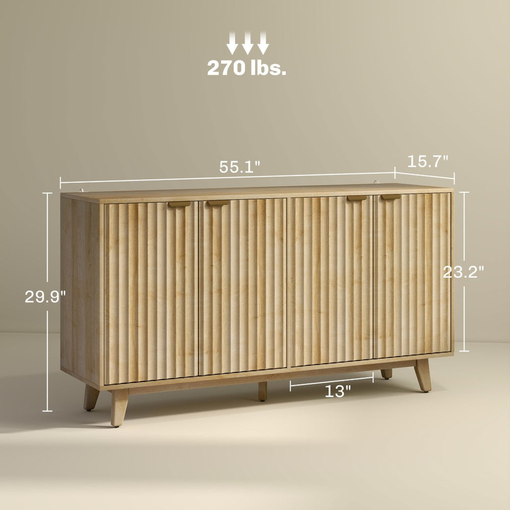 English Elm Coffee Bar Fluted Sideboard with Gold Pulls Adjustable Shelves and Tapered Wood Legs T3971P428175