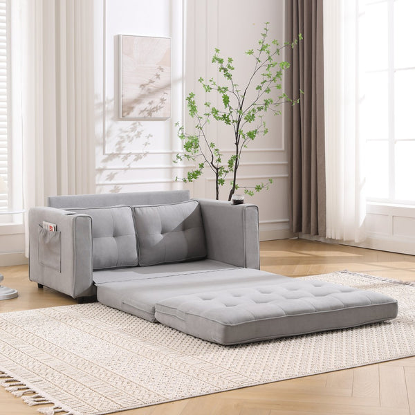English Elm {VIDEO 3-in-1 Upholstered Futon Sofa Bed Convertible Loveseat with Tufted Back, Cup Holders & Side Pockets Light Gray W2325P183182
