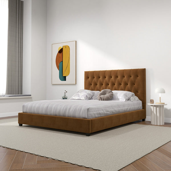 English Elm Ashcroft Furniture - Donald Mid Century Modern Cognac Velvet Platform Bed - Chic, Durable Design For Stylish Comfort B183S00086