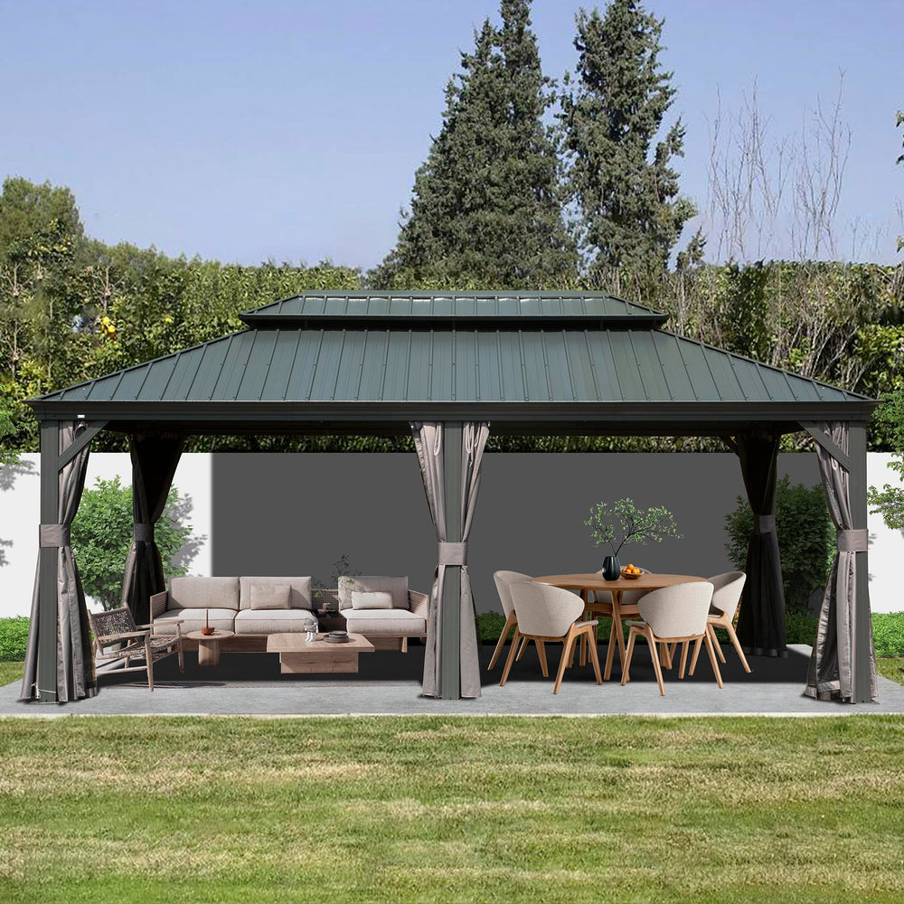 English Elm 12' X 18' Hardtop Gazebo – Durable Metal Canopy With Steel Roof, Curtains, Netting For Year-Round Comfort W1859S00162