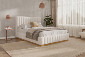 English Elm Queen Upholstered Bed Linen Fabric Channel Stitched Headboard Solid Wood Base Support N757Q338166I