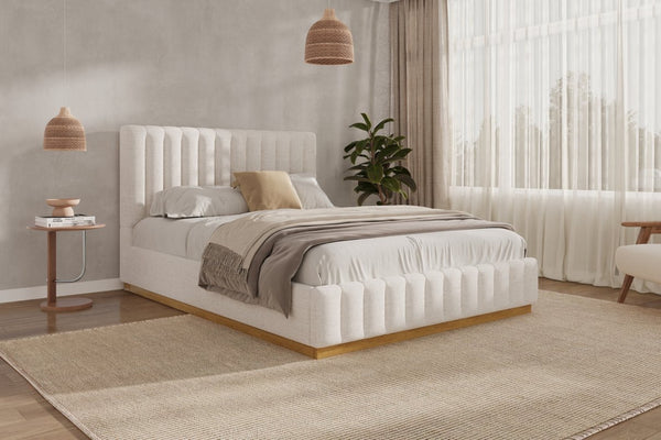 English Elm Queen Upholstered Bed Linen Fabric Channel Stitched Headboard Solid Wood Base Support N757Q338166I