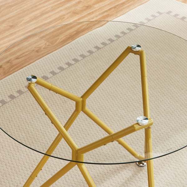 English Elm 35.4-Inch Round Tempered Glass Dining Table – Stylish Gold Finish For 1-4 People, Space-Saving Design W1162P306709