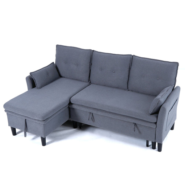 English Elm L-Shaped Reversible Chaise Sectional Sofa with Storage and Fold-Out Bed Cotton-Linen Modern Design DARK GREY W3371S00025