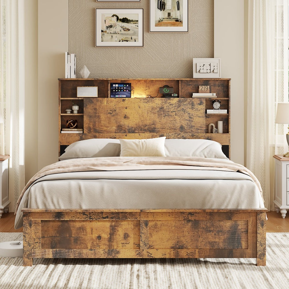 English Elm Full Platform Bed Wood Headboard with Led Lighting Charging Ports and Bookcase Storage W636P444676