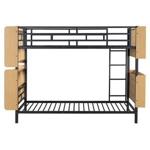 English Elm Twin Metal Bunk Bed with Built-In Headboard Storage and Footboard Shelves, Sturdy Space-Saving Design Black SF000176AAB