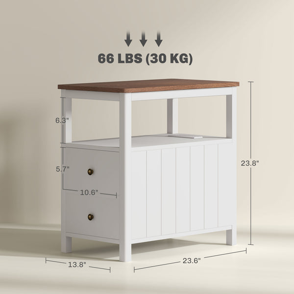 English Elm HOMCOM Narrow End Table with Charging Station, 2 Outlets & USB, 2 Drawers Shelf, Modern White W2225P249995