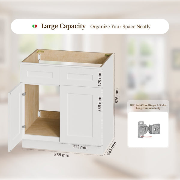 English Elm 33" Solid Wood Shaker Sink Base Cabinet White Two Door Soft Close Kitchen Bath T2950P479082