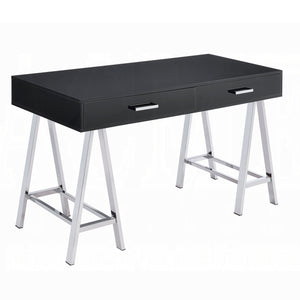 English Elm Black High Gloss Writing Desk With Chrome Accents – Modern 2-Drawer Home Office Centerpiece B062P209202