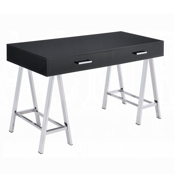 English Elm Black High Gloss Writing Desk With Chrome Accents – Modern 2-Drawer Home Office Centerpiece B062P209202