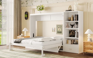 English Elm Queen Murphy Bed with Built-In Shelves, Height-Adjustable Storage & Drawer for Small Spaces White 71.6 L x 21.5 W x 6.1 H N733S309223K