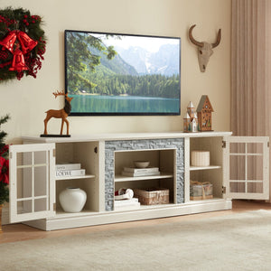English Elm 70" Modern TV Stand with Faux Stone Top, Spacious 2-Door Media Console with Cable Management and Adjustable Shelves, Vintage Metal Handles, Durable MDF Construction for Living Room Entertainment (Fits up to 75") White W2275P342690