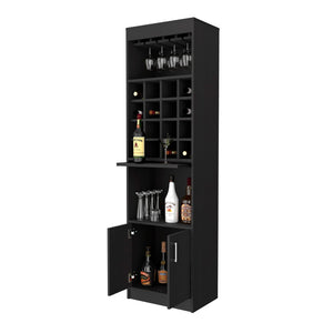 English Elm Myers Tall Bar Cabinet with Wine Rack Glass Holder Open Shelves and Double Doors B128S00154