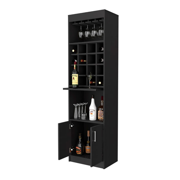 English Elm Myers Tall Bar Cabinet with Wine Rack Glass Holder Open Shelves and Double Doors B128S00154