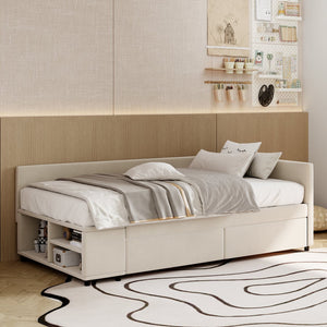 English Elm Twin Velvet L-Shaped Upholstered Platform Bed with Plush Headboard, Hidden Drawers & Cabinet Storage Beige SF000182AAA